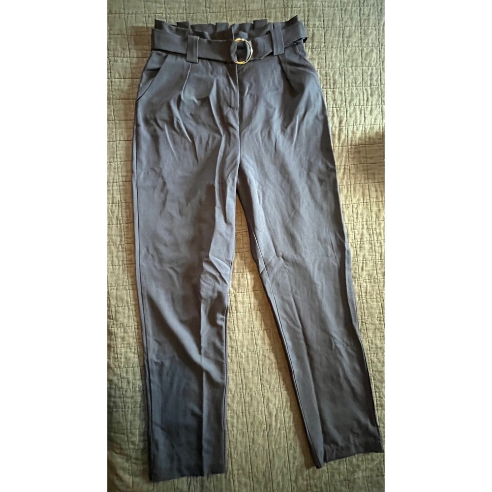 Lulus Navy Blue High Waisted Paperbag Belted Trousers Pants Gold O-Ring Small